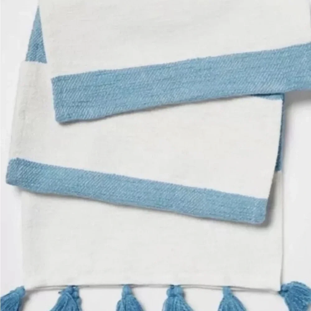 Opalhouse Blue and White Tassel Table Runner with Orange Glasses